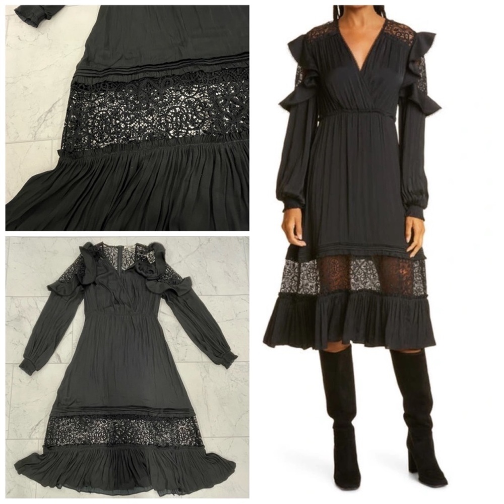 Haute Hippie Black Long Sleeve Lace Panel Midi Dress